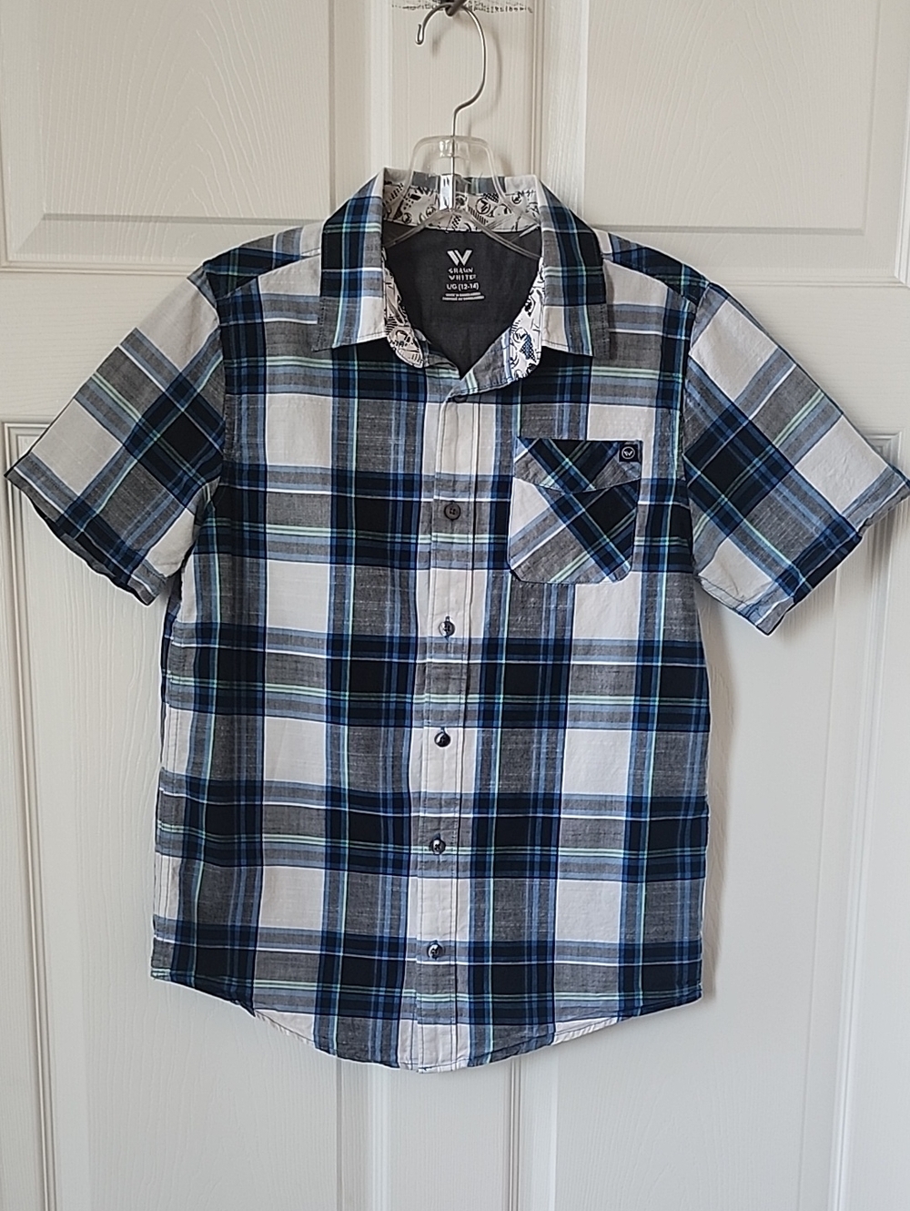 Shaun White Blue, White & Black Plaid Short-Sleeve Button-Down Shirt - Sz 12/14